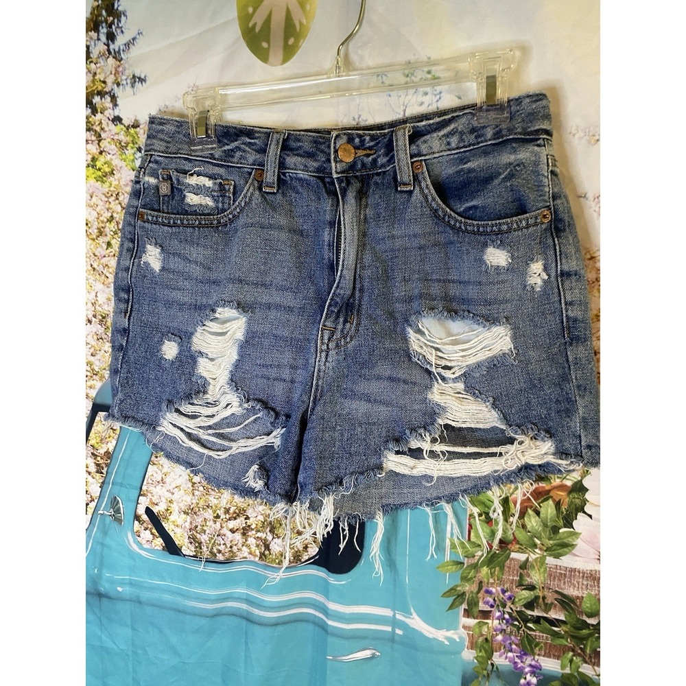 High Rise Distressed Cutoff Mom Shorts Blue Large